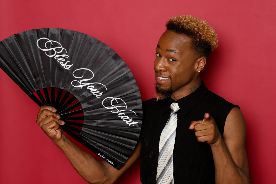 man with custom clack fan