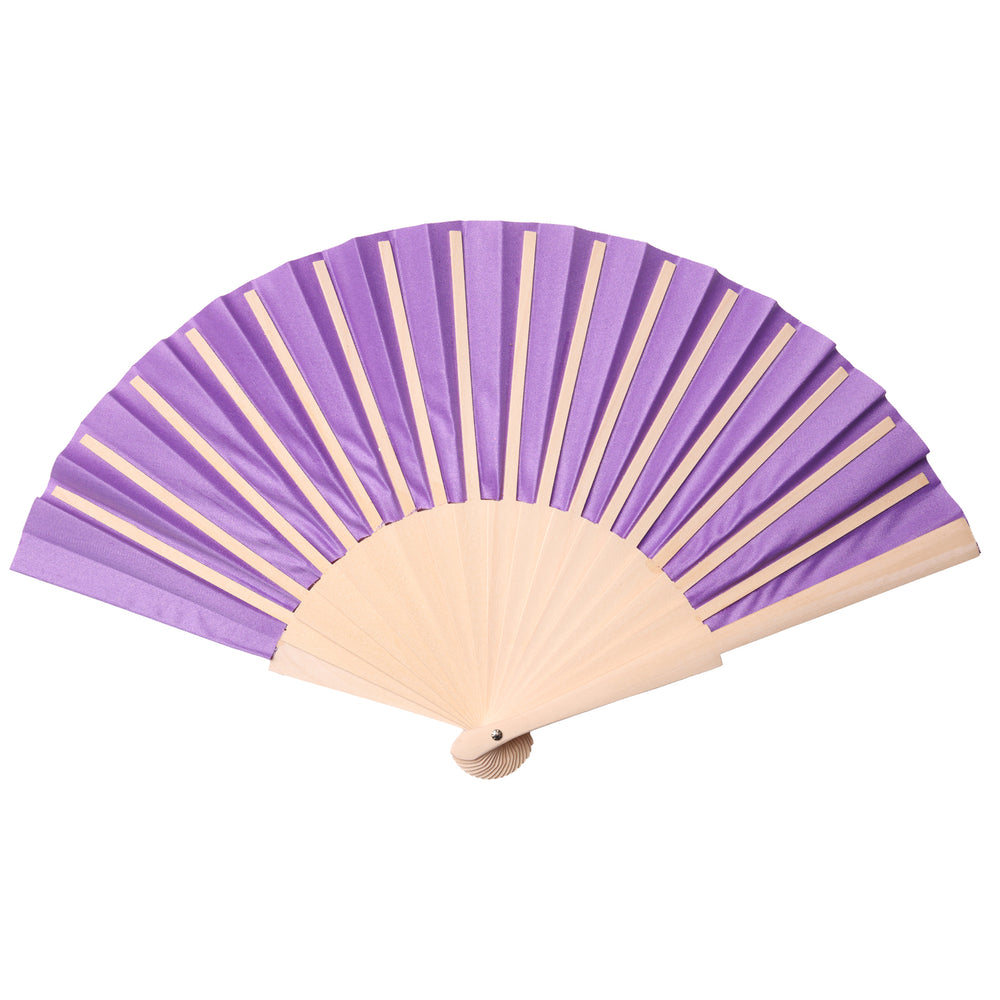 Purple folding fan with beige handle on a white background