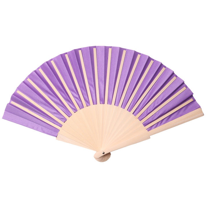 Purple folding fan with beige handle on a white background