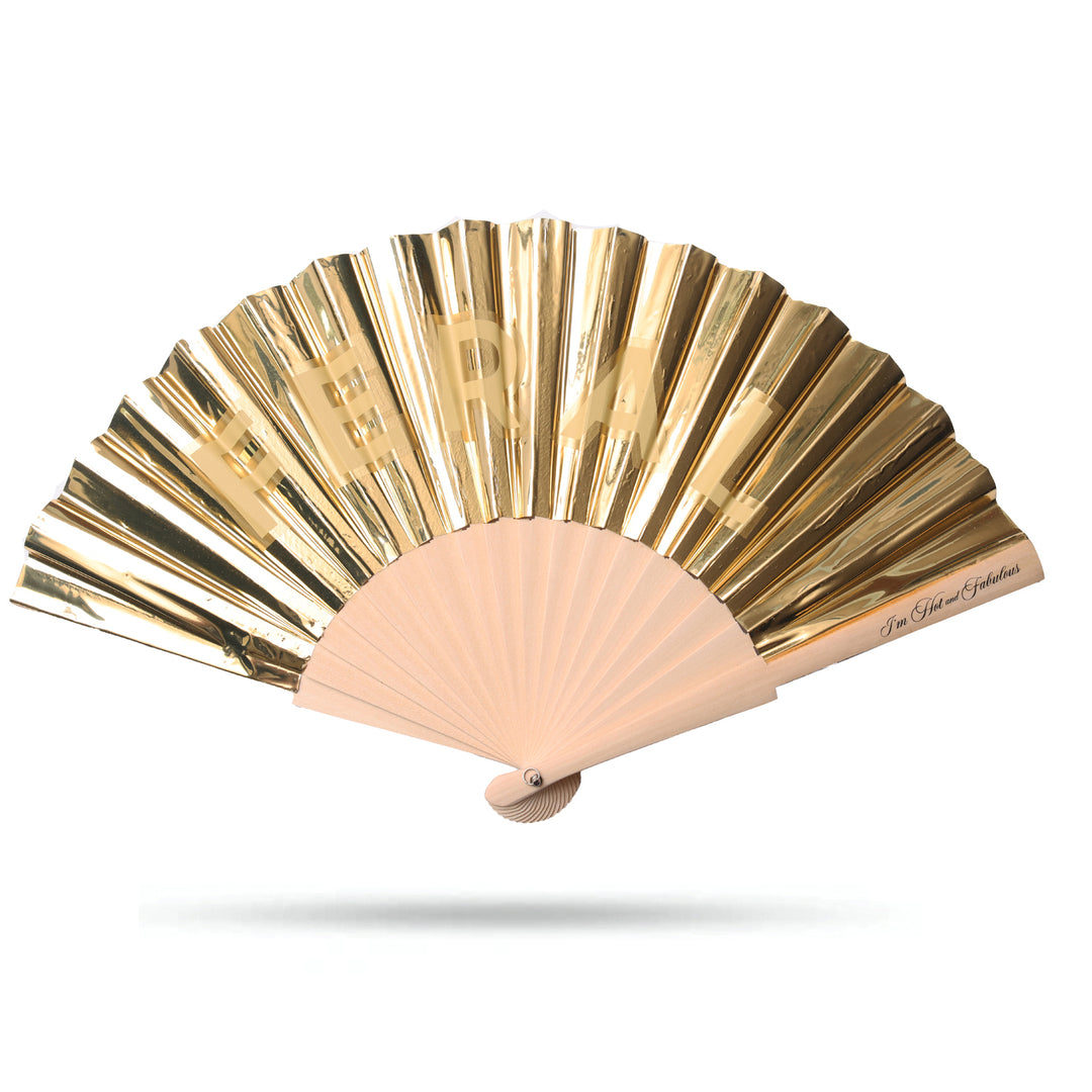 Gold and beige holographic hand fan on a white background