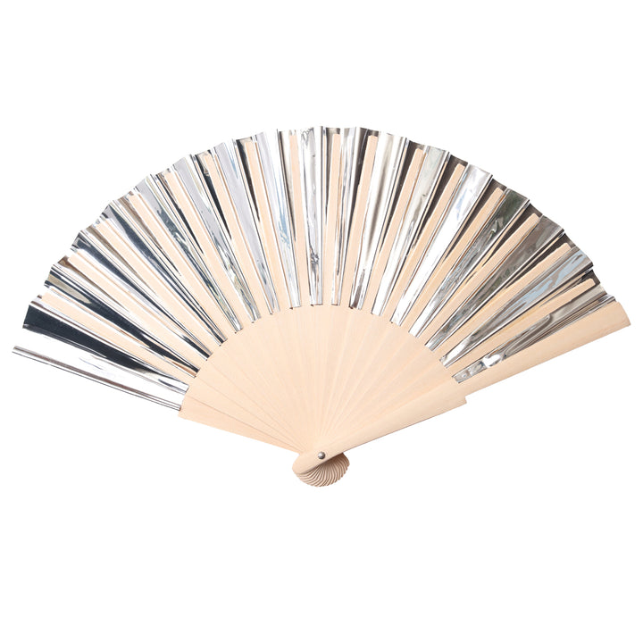 Handheld fan with metallic silver blades and beige handle on a white background