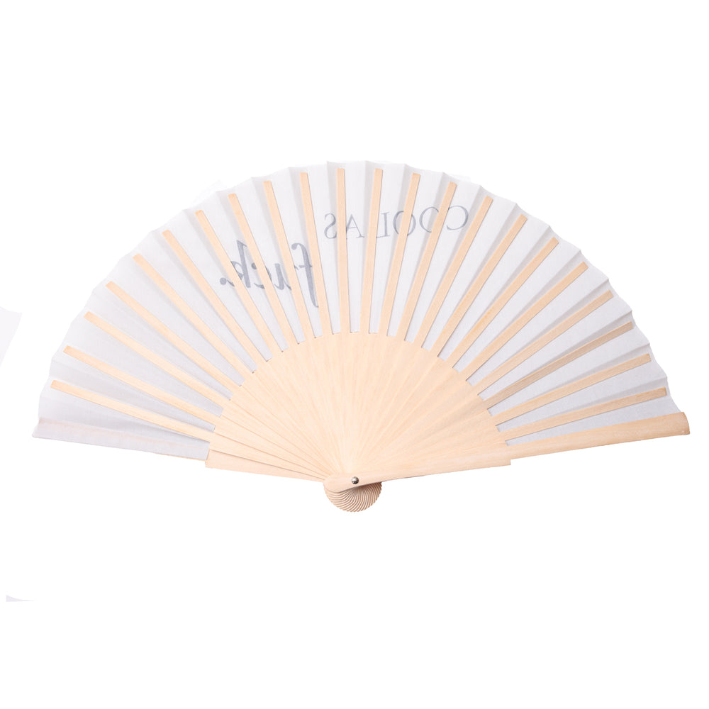 Handheld fan with beige and white design on a white background