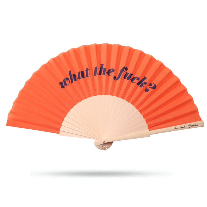 Orange hand fan with black text on a white background