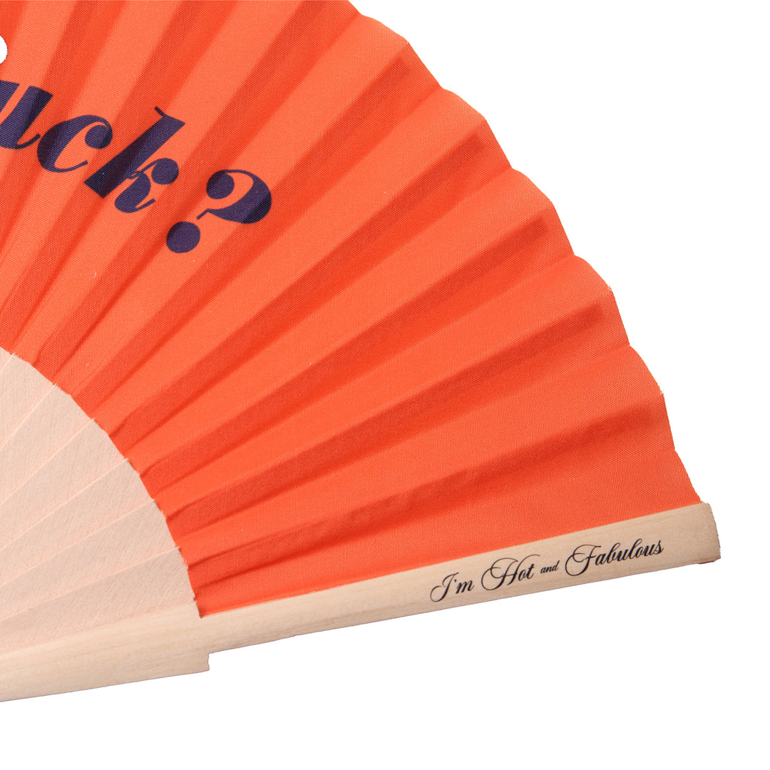 Orange hand fan with text on a white background