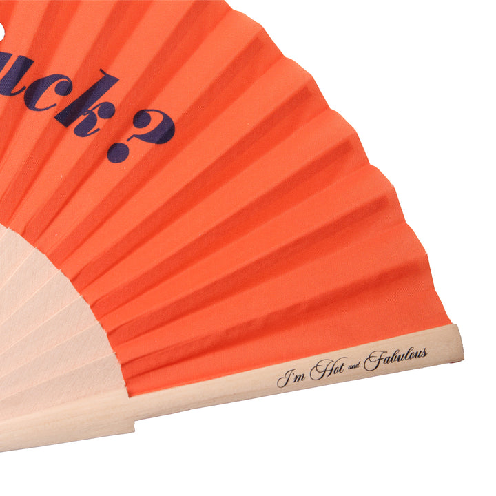 Orange hand fan with text on a white background