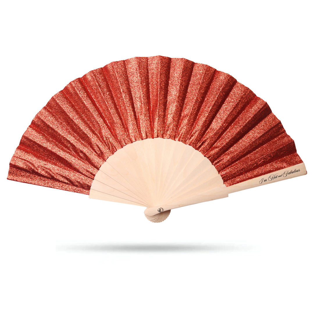 Orange hand fan with beige handle on a white background