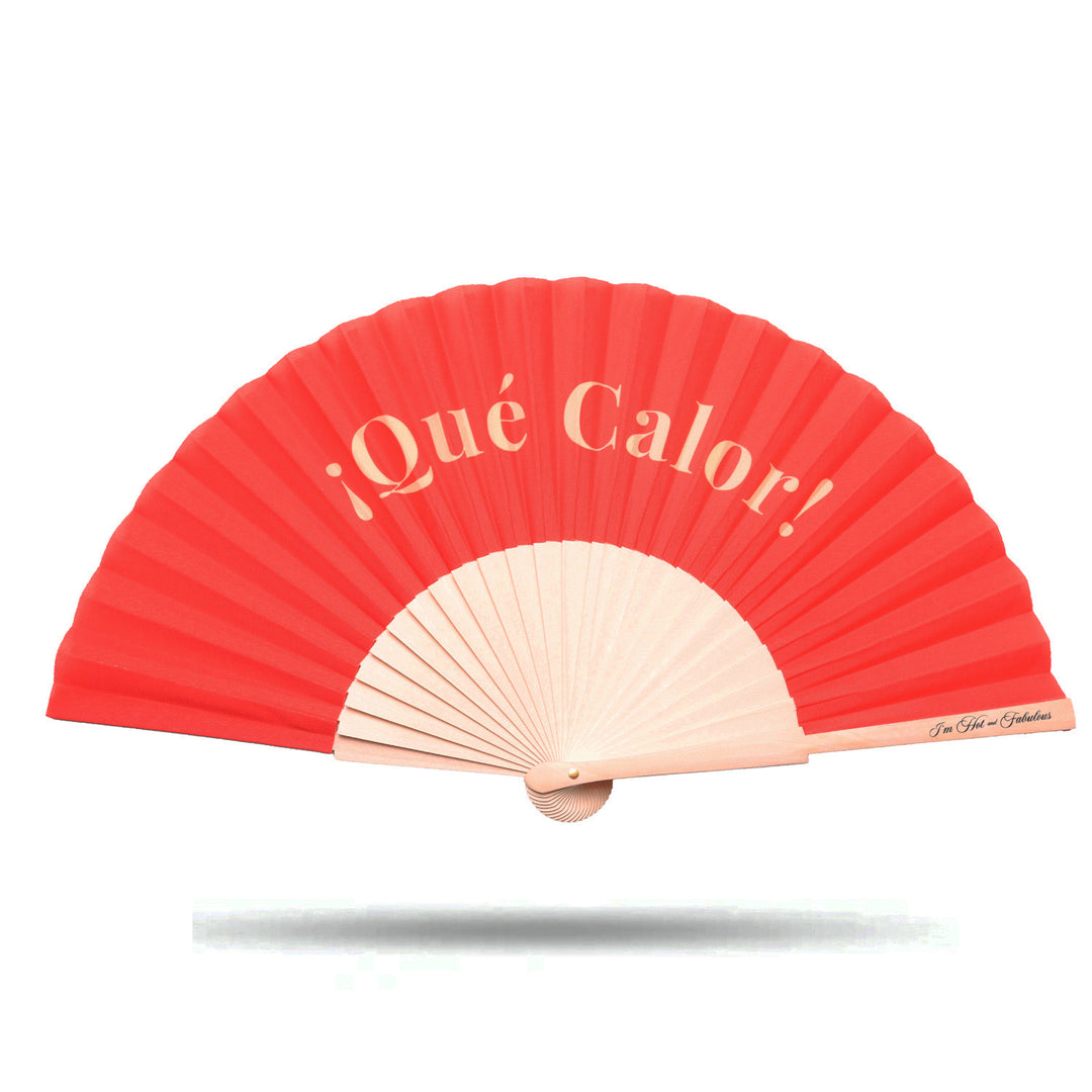Red hand fan with '¿Qué Calor!' text on a white background