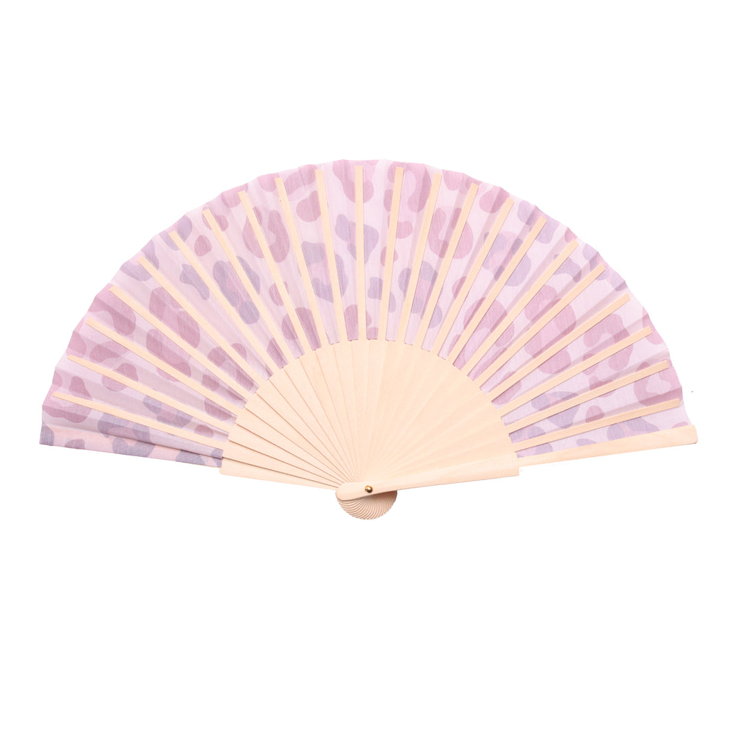 Back of fan.  Open pink cheetah print hand fan displayed on a white background