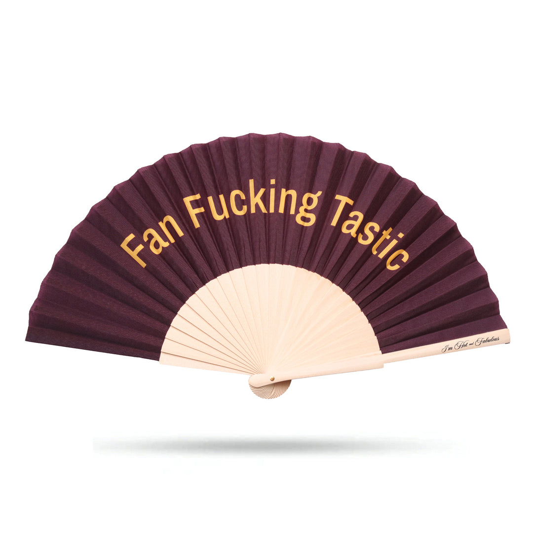 Maroon fan with 'Fan Fucking Tastic' text on a white background