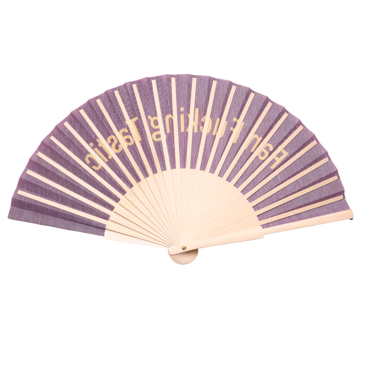 Purple and beige hand fan with text on a white background