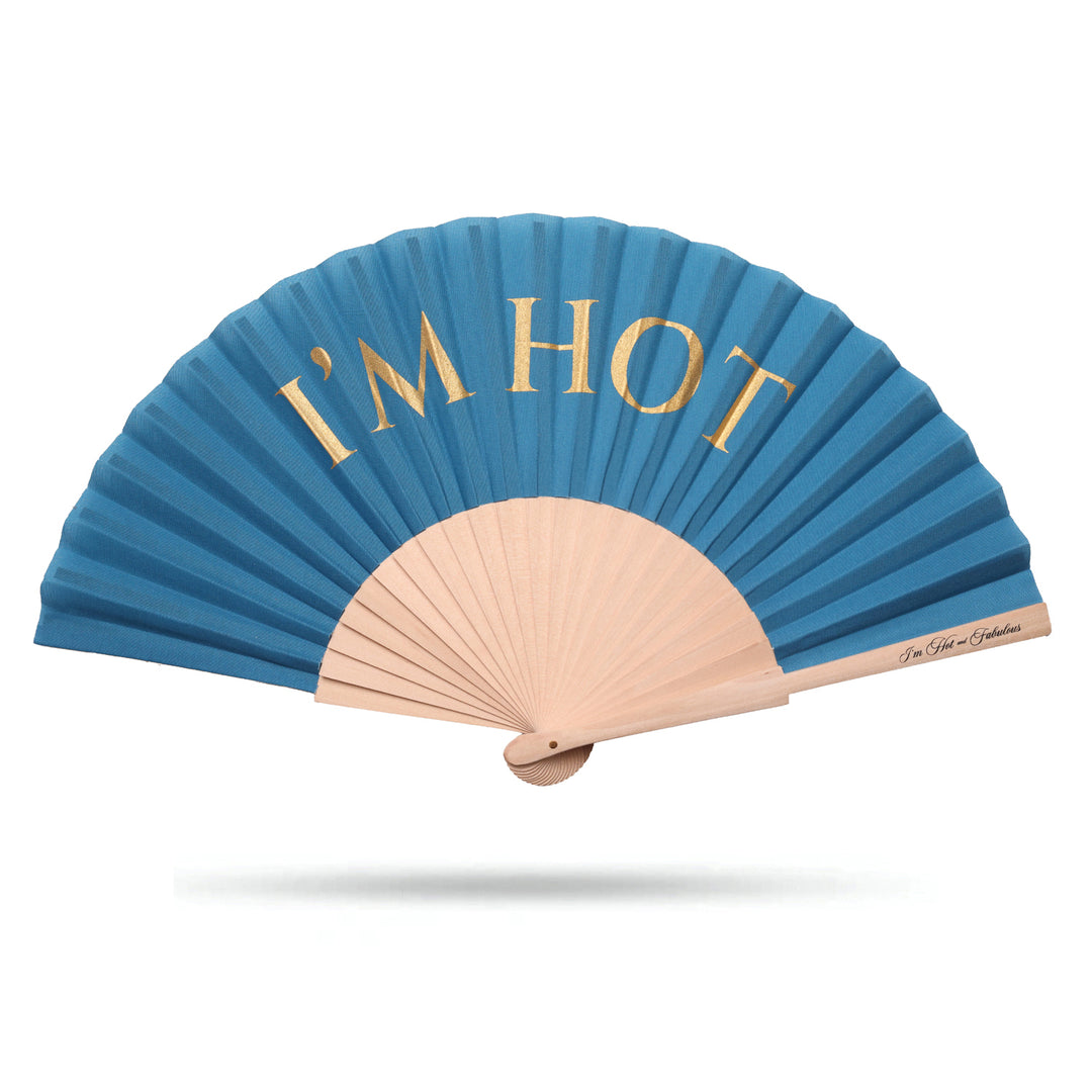 Blue hand fan with 'I'm Hot' gold sparkle text on a white background