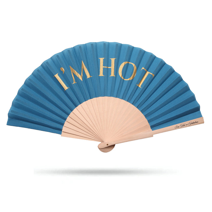 Blue hand fan with 'I'm Hot' gold sparkle text on a white background