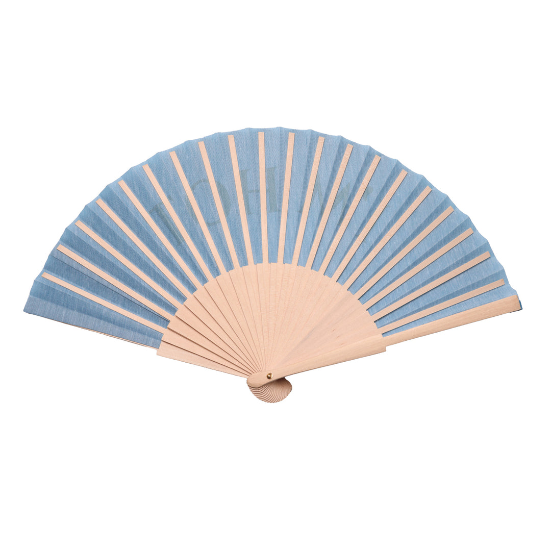 Handheld fan with blue and beige design on a white background