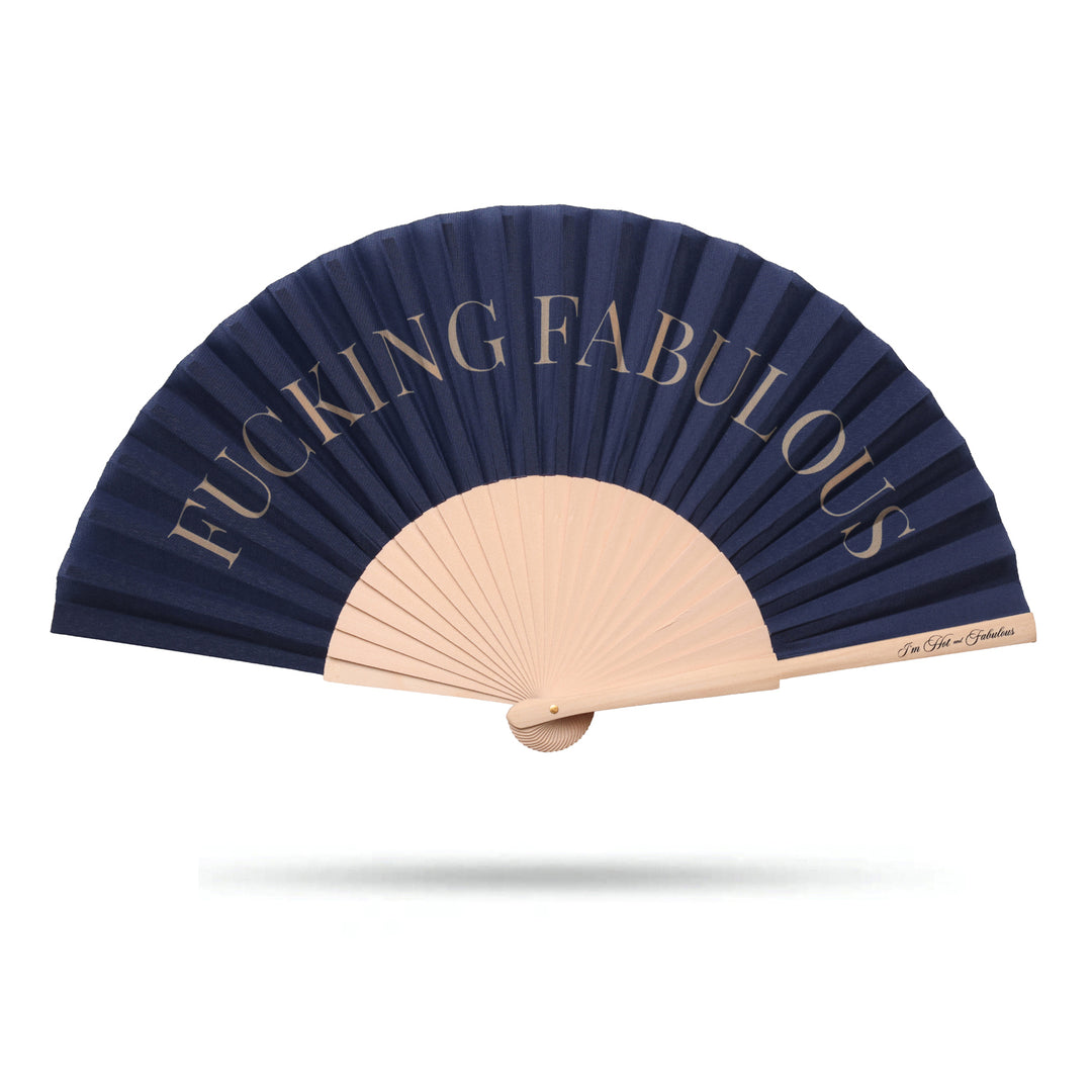 Navy blue hand fan with 'Fucking Fabulous' text on a white background