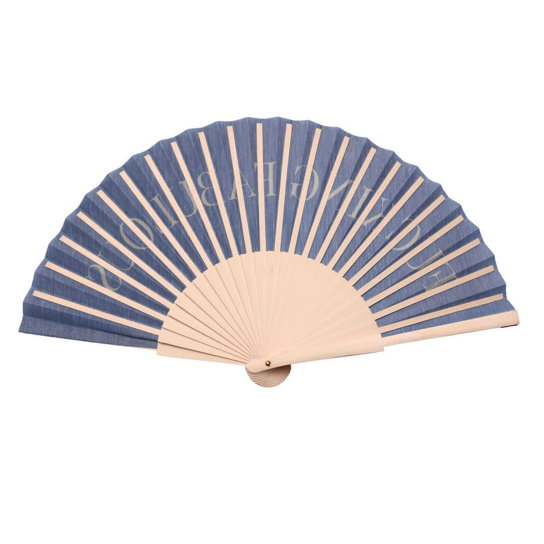 Handheld fan with blue and beige design on a white background