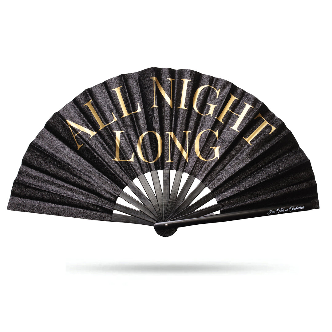 Black hand fan with 'All Night Long' text in gold on a white background
