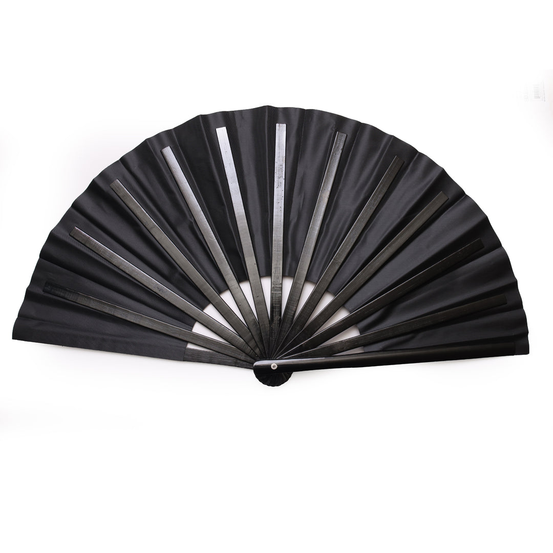 Black folding fan on a white background