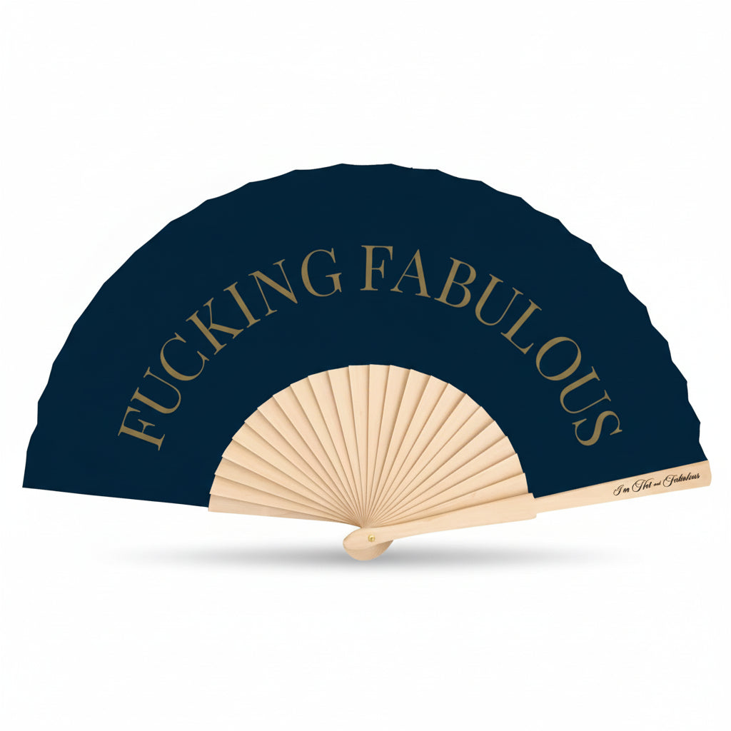 Navy blue fan with 'FUCKING FABULOUS' text and measurement label on a white background