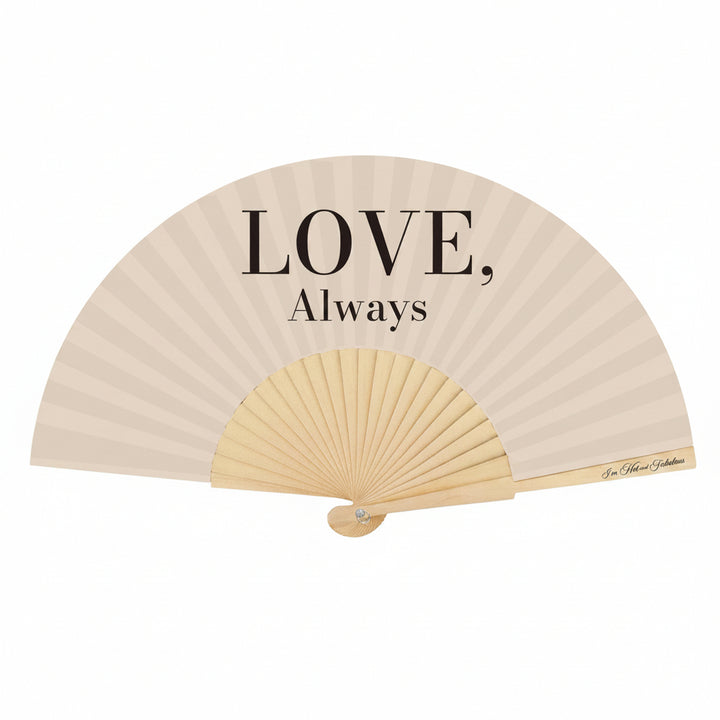 Beige hand fan with 'LOVE, Always' text and measurement details on a white background