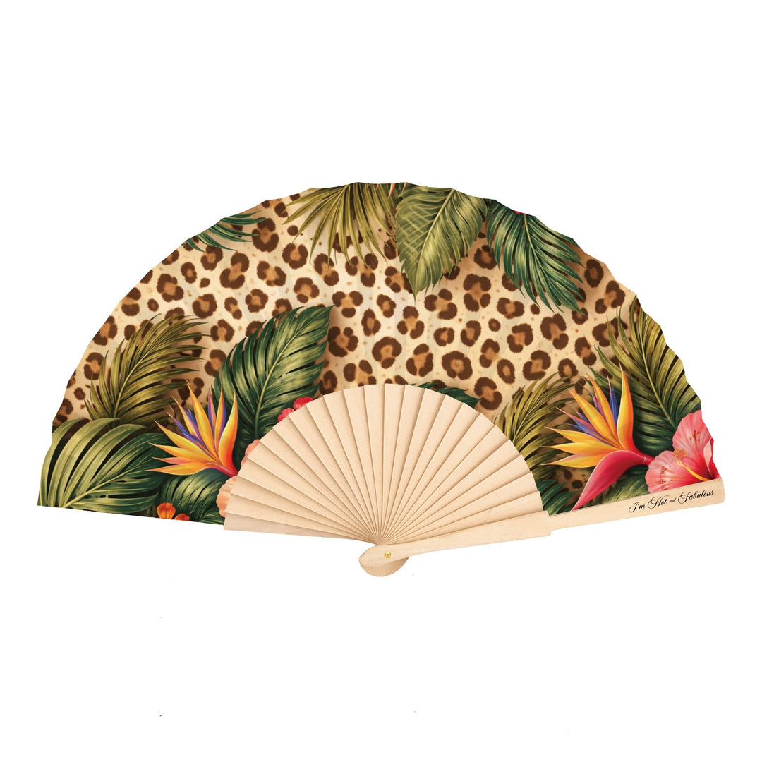 Handheld fan with leopard print and tropical leaf design