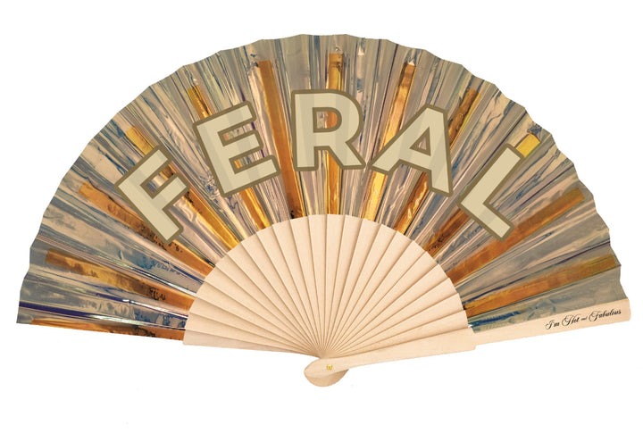 Handheld fan with wooden frame and multicolored design, featuring the word 'Ferai'.
