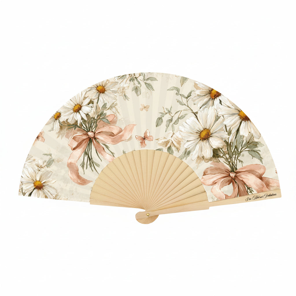 Floral-patterned hand fan with wooden frame on a white background