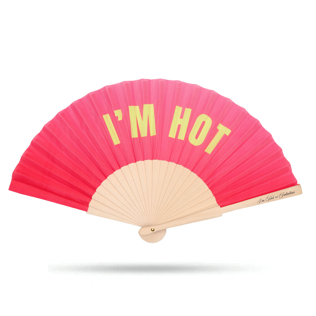 Pink hand fan with 'I'm Hot' text on a white background