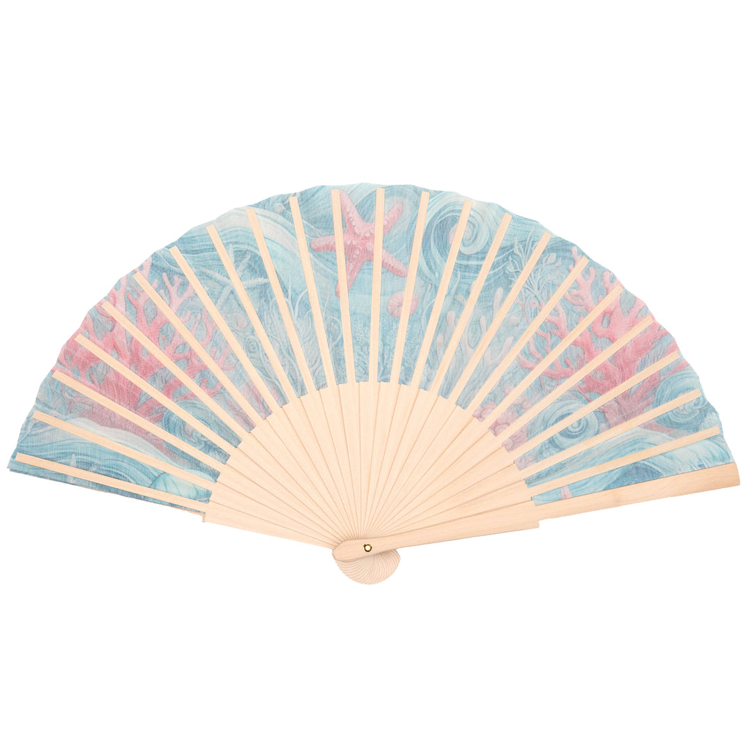 Handheld fan with pastel floral pattern on a white background