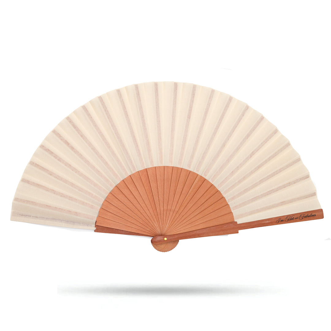 Handheld fan with beige fabric and wooden frame on a white background