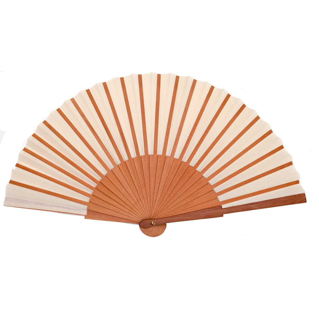 Handheld fan with alternating brown and beige stripes on a white background