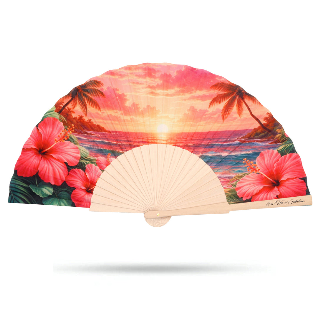 Handheld fan with a tropical design featuring palm trees and flowers on a white background