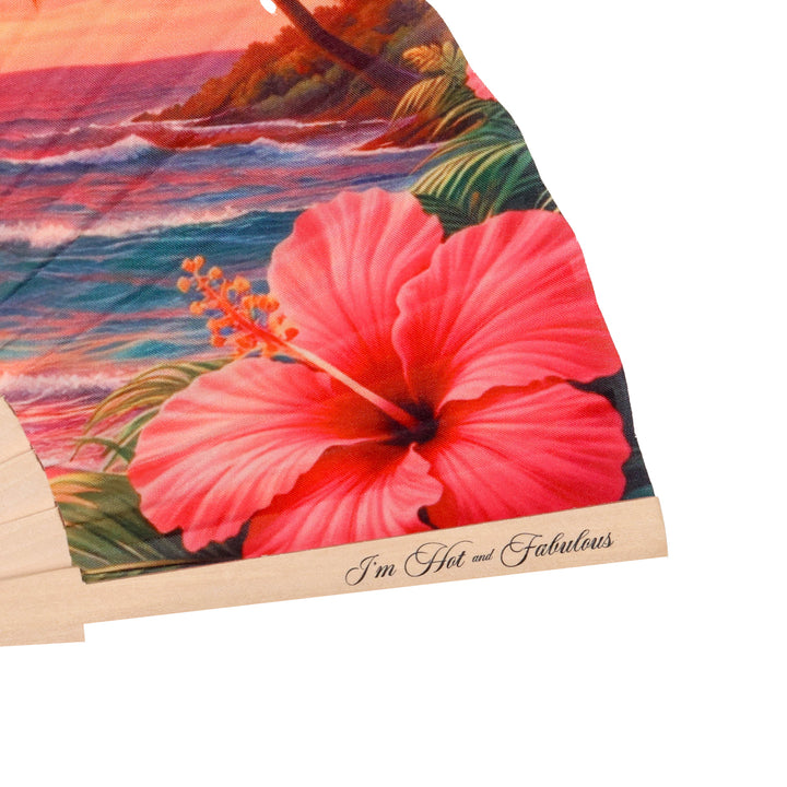 Product with a tropical scene and pink flower design, featuring text 'I'm Hot and Fabulous'.