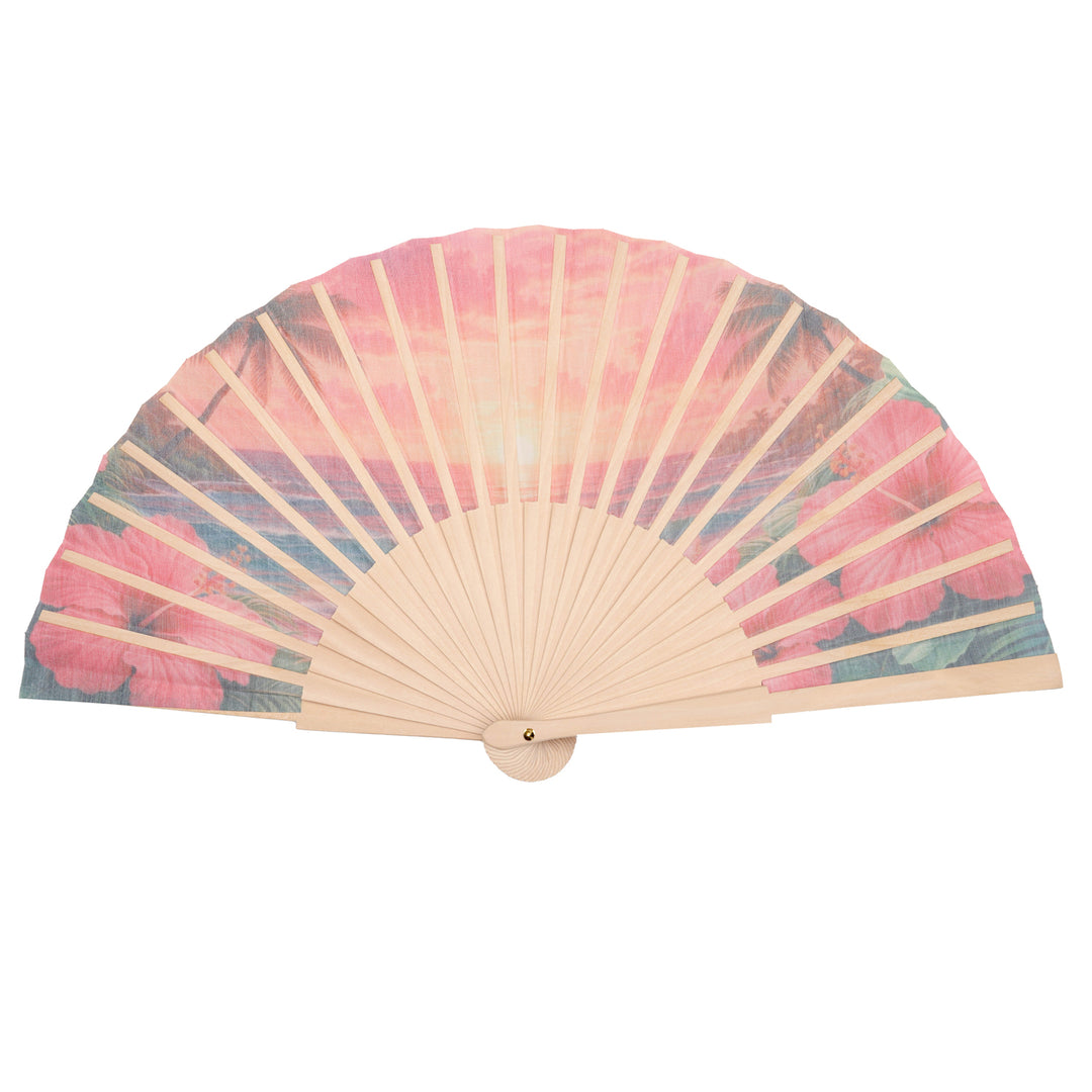 Handheld fan with floral design on a white background