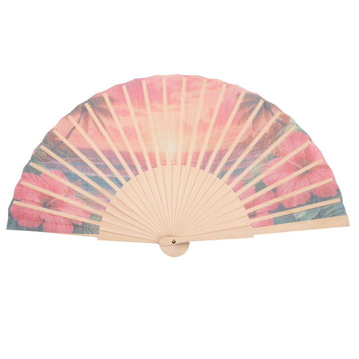 Handheld fan with floral design on a white background