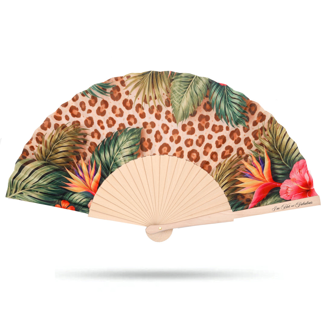 Handheld fan with leopard print and tropical leaf design on a white background