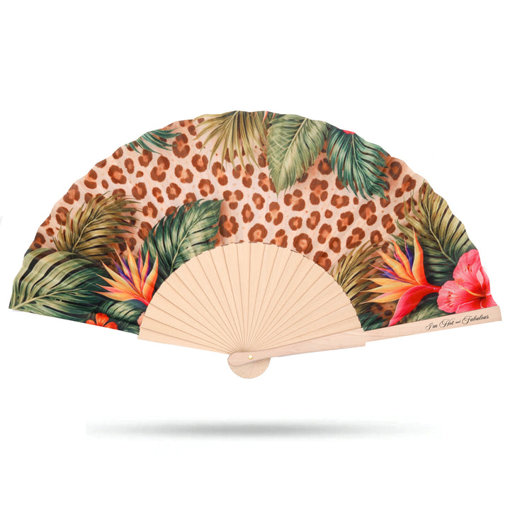 Handheld fan with leopard print and tropical leaf design on a white background