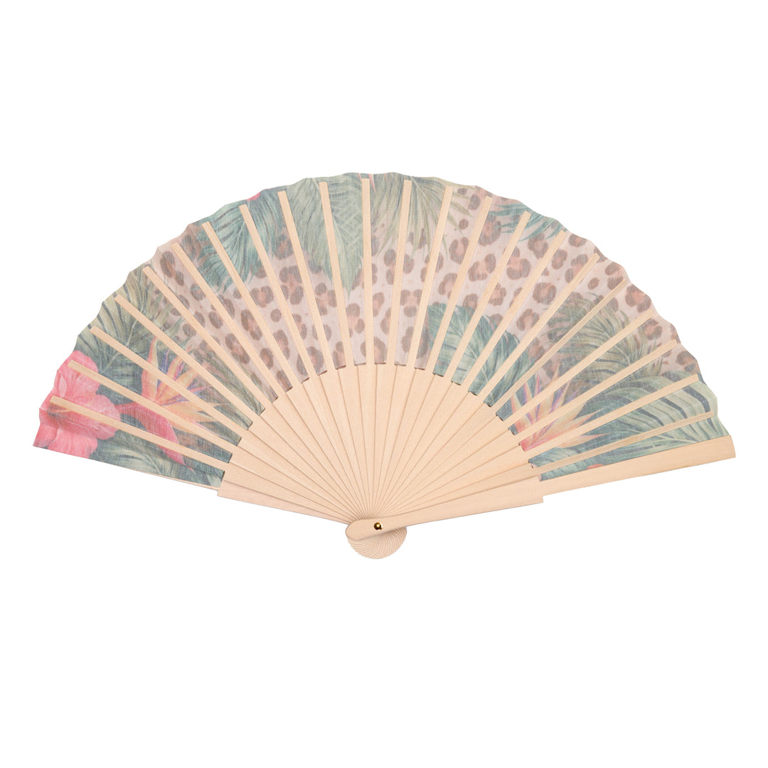 Handheld fan with floral pattern on a white background