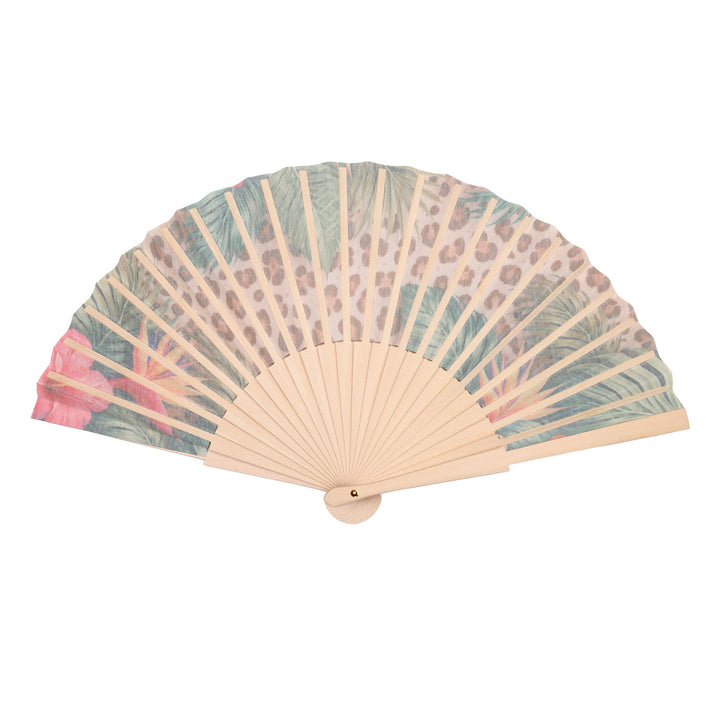 Handheld fan with floral pattern on a white background