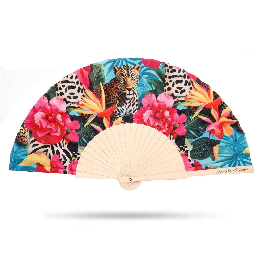 Folding fan with a colorful design of leopards and flowers on a white background