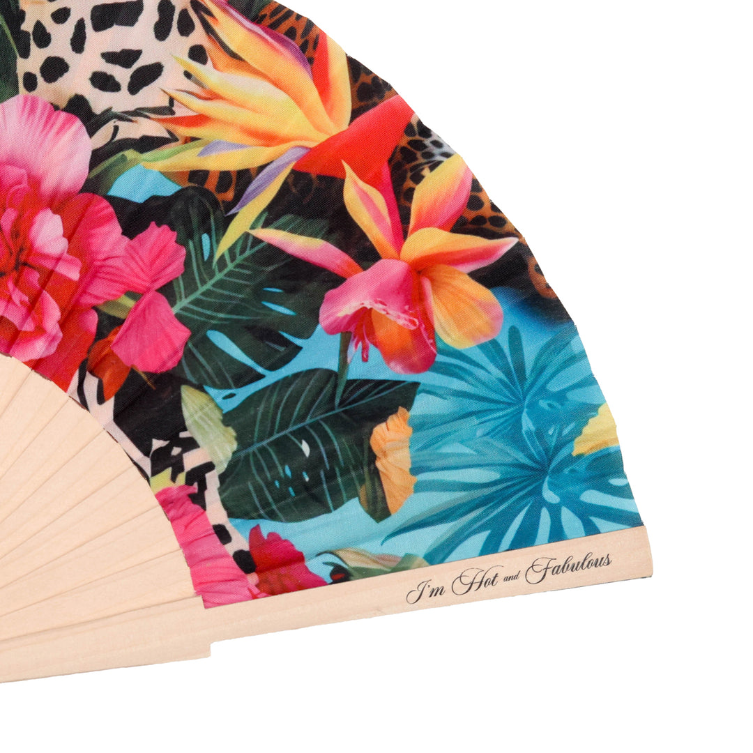 Colorful tropical floral design on a fabric swatch with 'I'm Hot and Fabulous' text.