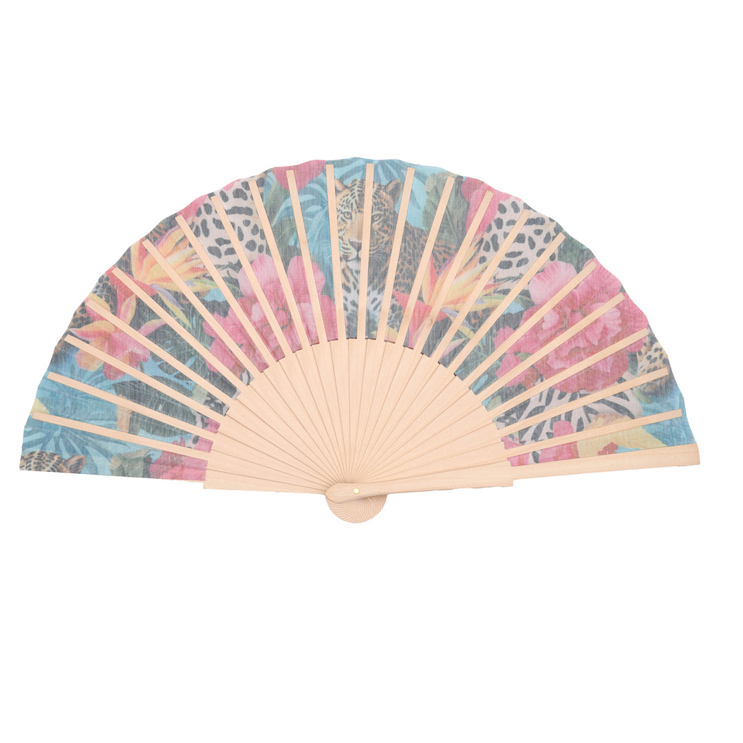 Handheld fan with floral pattern on a white background