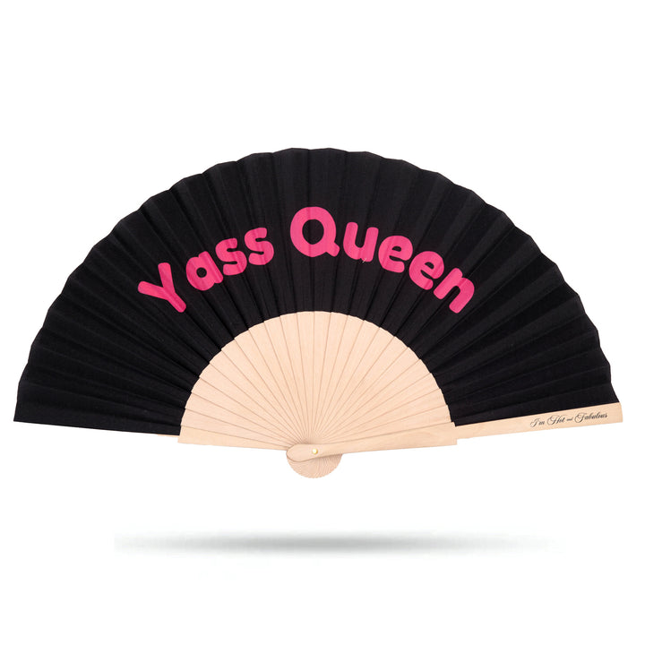 Black fan with pink text 'Yass Queen' on a white background