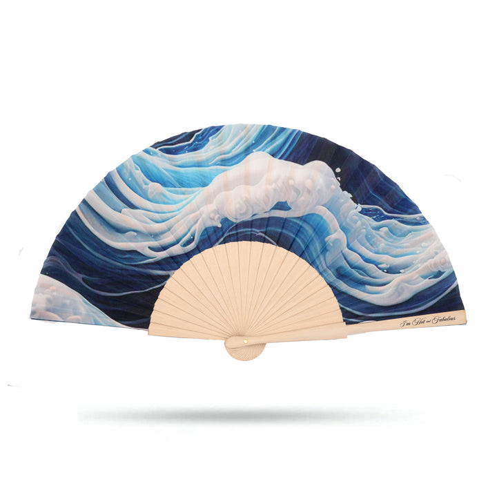 Handheld fan with wave design on a white background