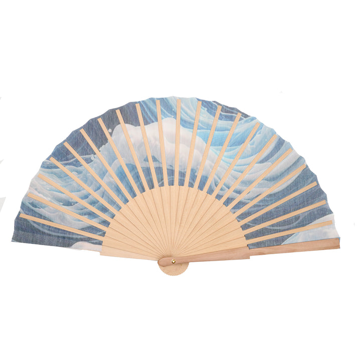 Handheld fan with blue and beige design on a white background