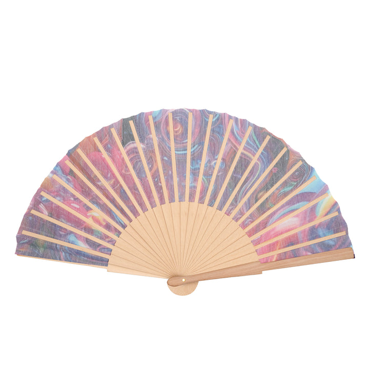 Handheld fan with colorful pattern on a white background