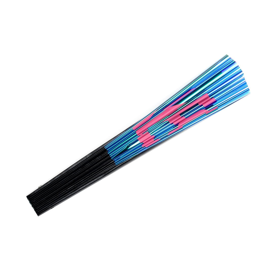 side view of xl holographic fan that says vibes