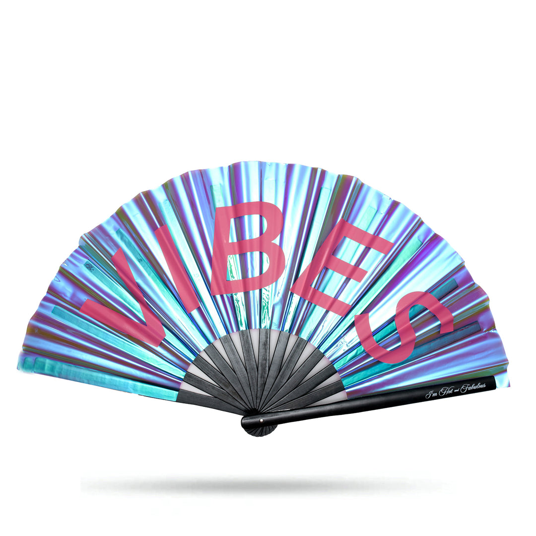 Colorful hand fan with 'VIBES' text on a white background