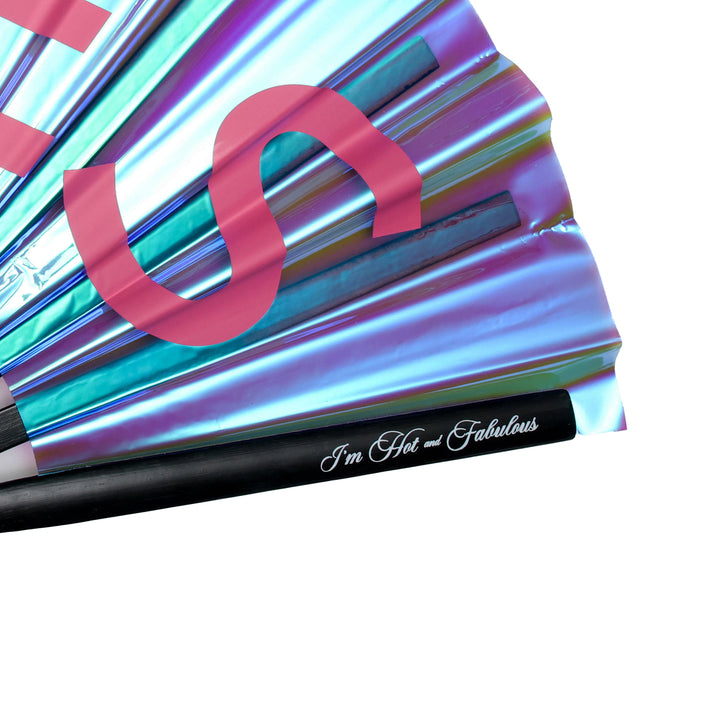 Holographic vibes hand fan and 'I'm Hot and Fabulous' text on a white background