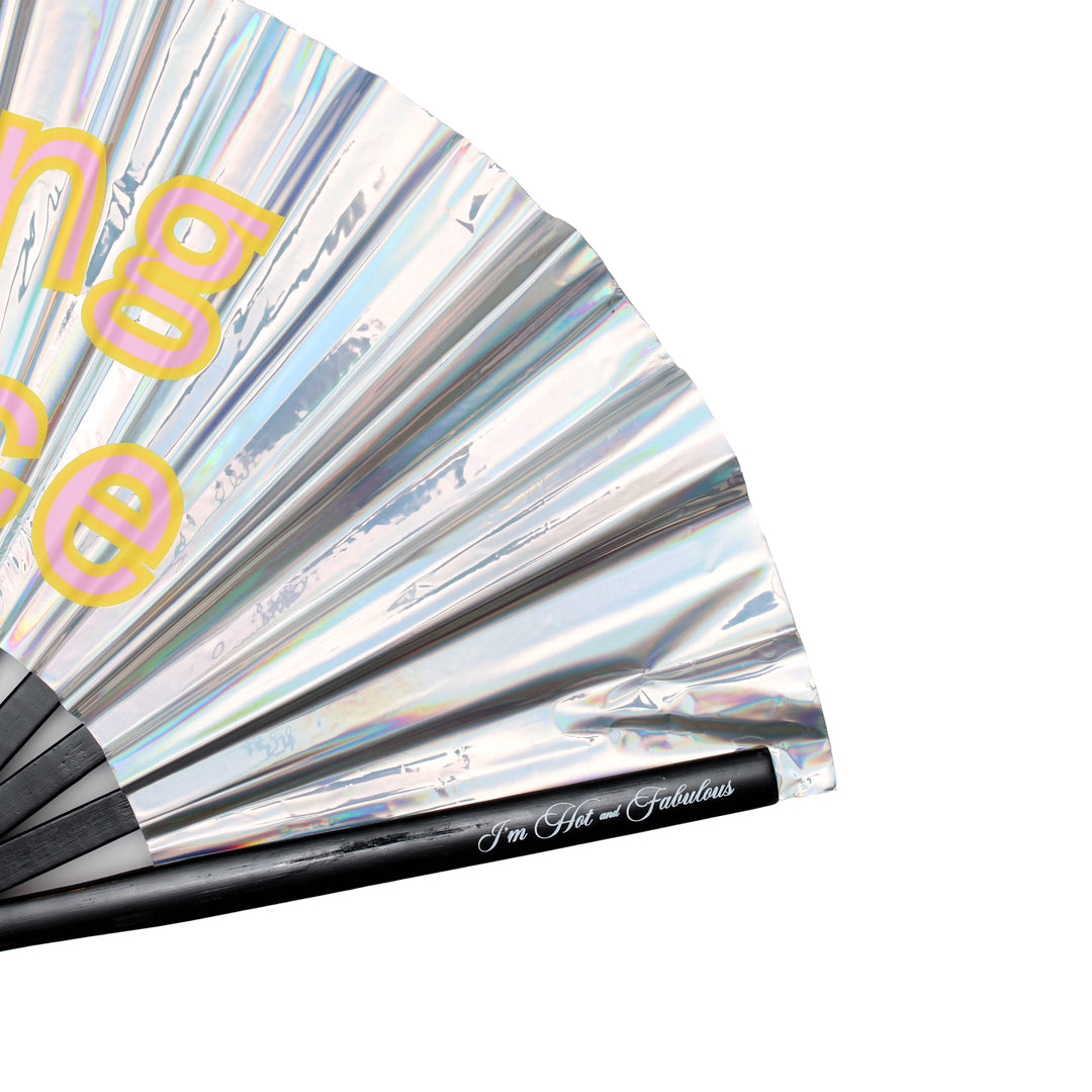 Holographic fan with colorful text on a white background