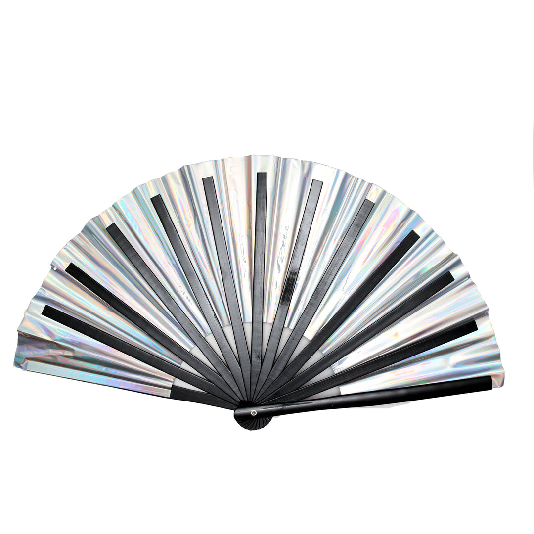 Iridescent hand fan with black accents on a white background